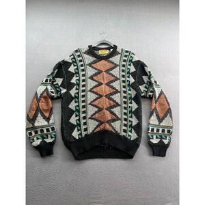 Vintage Josie Sweater Mens Large Black Gray Aztec Southwestern Leather Trim 90s